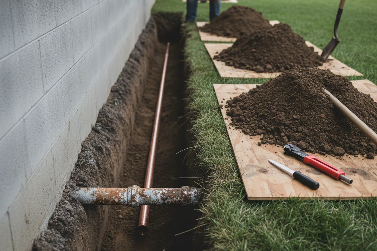Excavated water line trench during Water Softener Installation in Saint Martin
